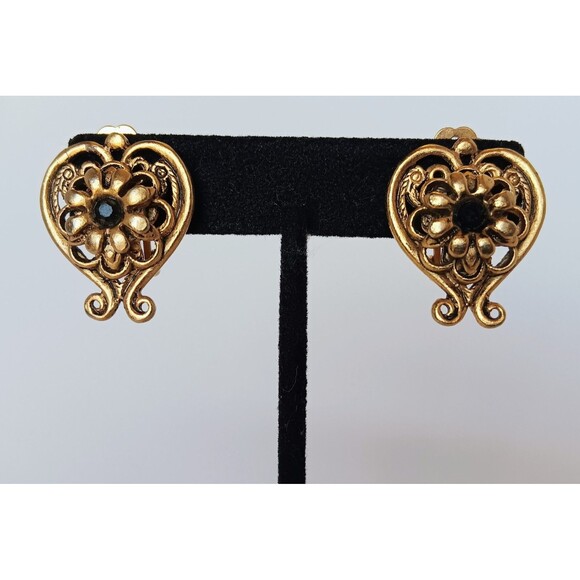 Vintage Unsigned Goldtone Black Rhinestone Lyre Heart Clip On Earrings 1.25 in - Picture 1 of 9